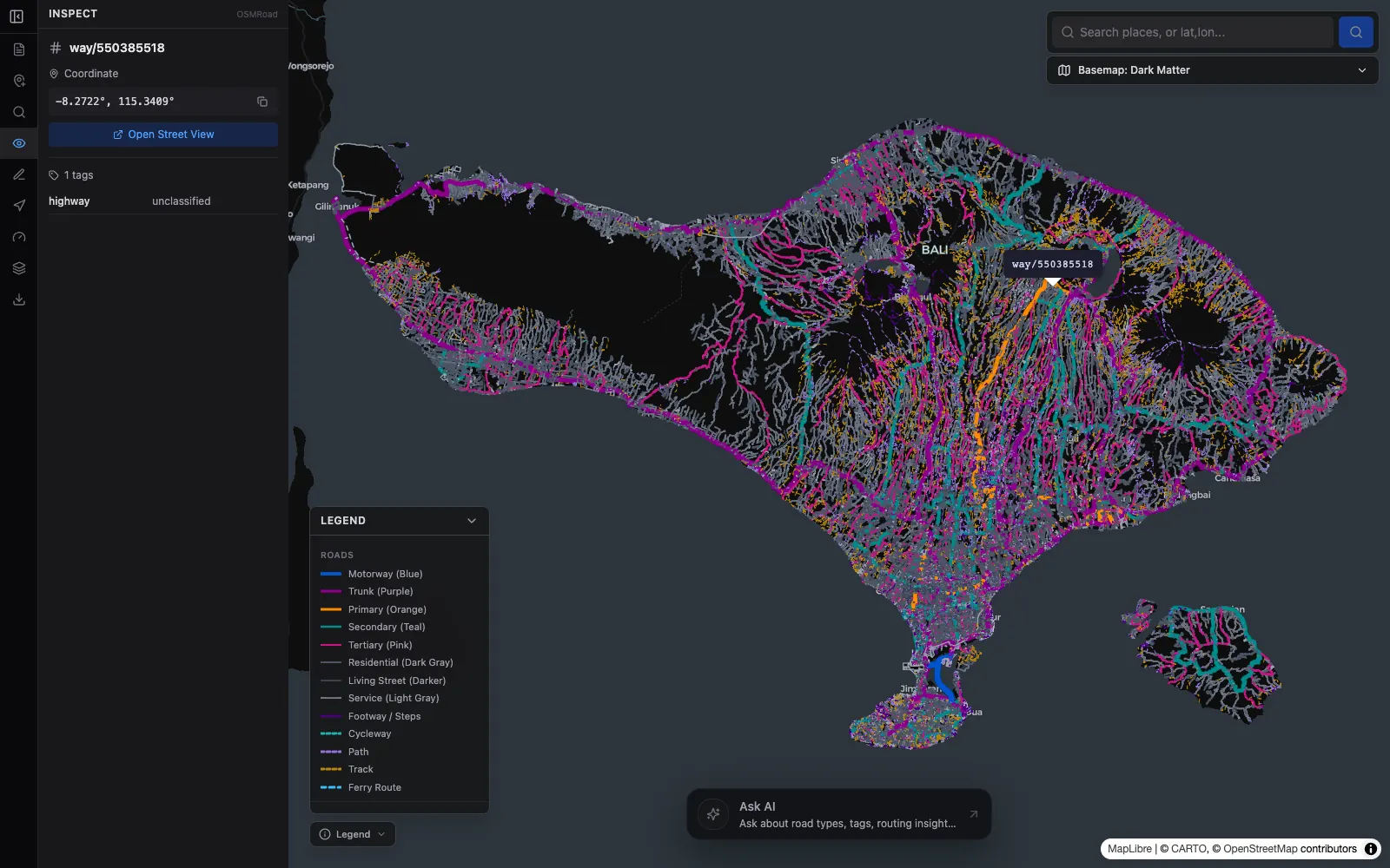 Bali road network loaded from the built-in sample, color-coded by road class, with a way open in the Inspect panel.