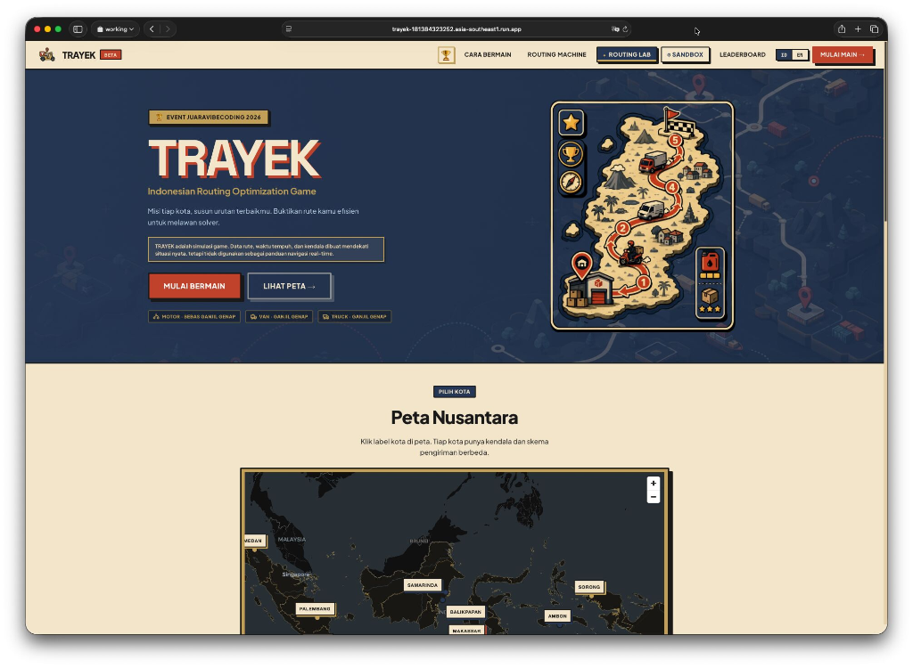 TRAYEK Landing page: Pemilihan kota & armada logistik Nusantara (Truk, Box, Motor, Drone).